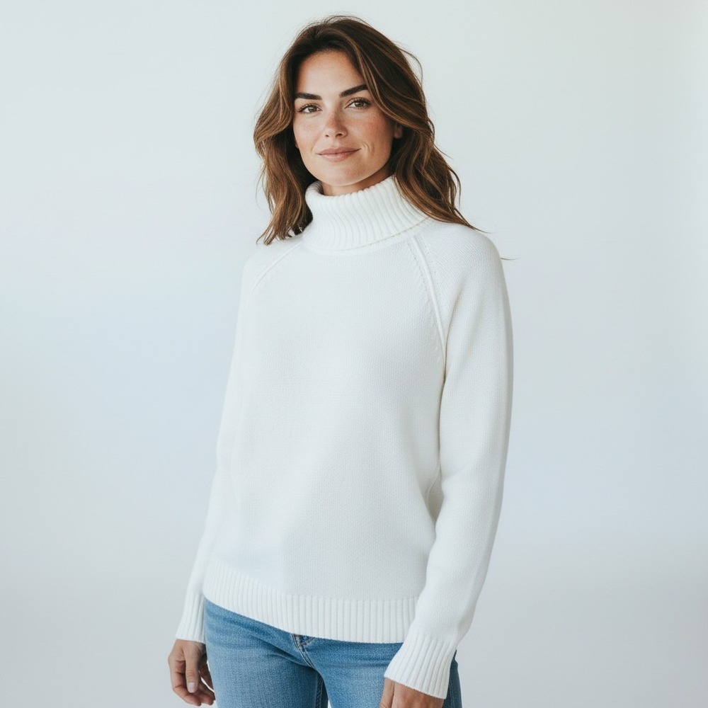 Jeanne Pierre Women White 100% CTN Ribbed Turtleneck Raglan minimalist Sweater M